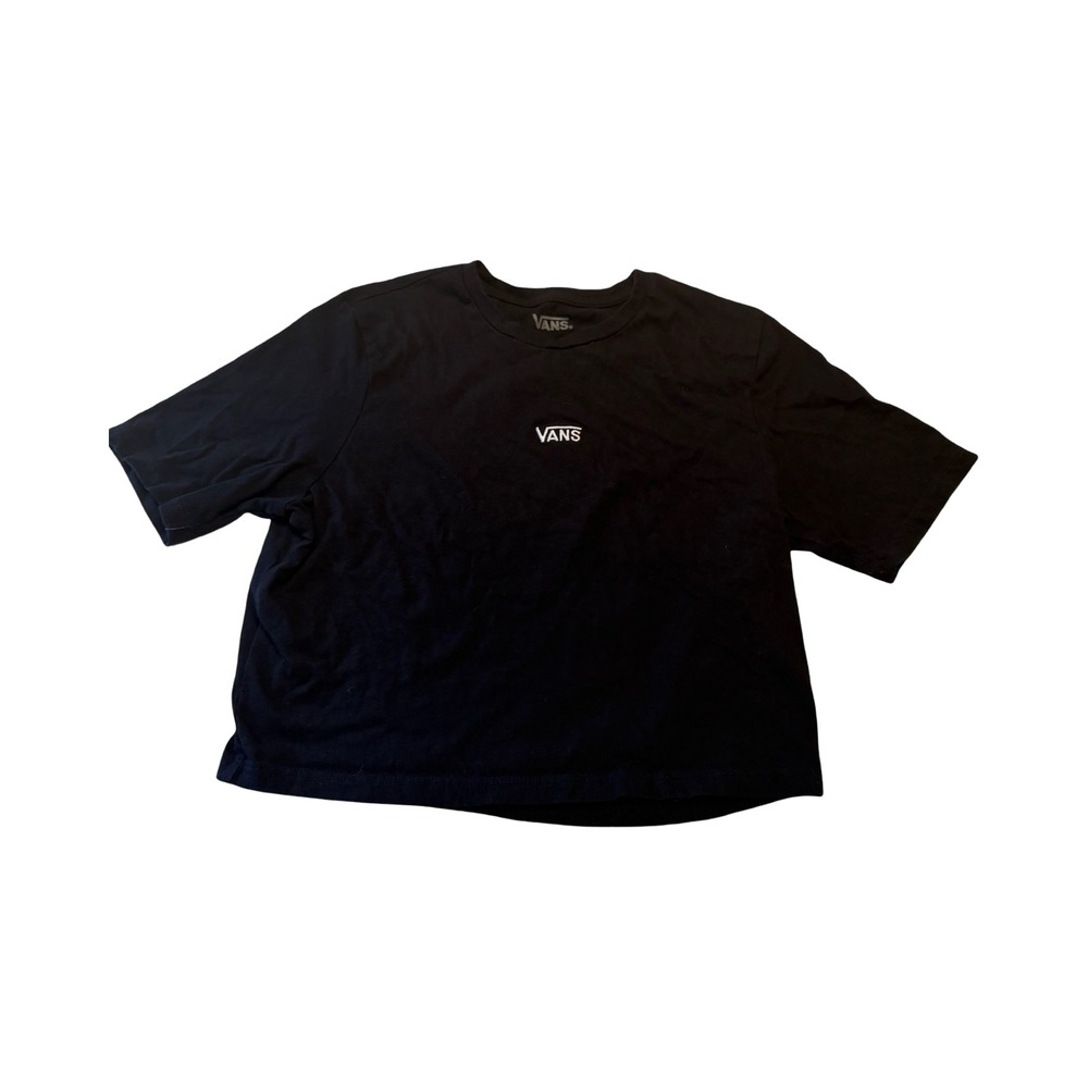 Vans Womens Black Cropped T-Shirt Small Embroidered Logo Cotton Tee Size M